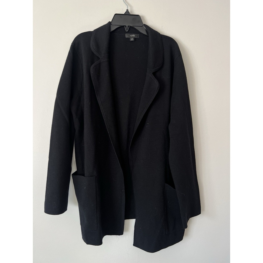J.Crew Eloise Sweater Blazer M Black Merino Wool Open Front Knit Jacket Pockets
